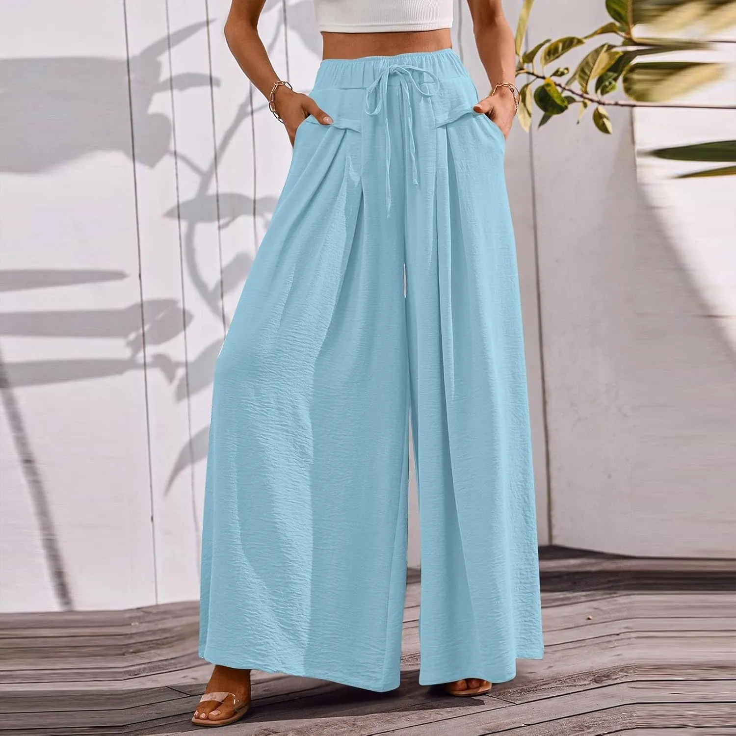 Beach Pants for Women Wide Leg Elastic Waisted Chiffon Baggy Flowy Long Lounge Trousers Vacation Pant with Pockets