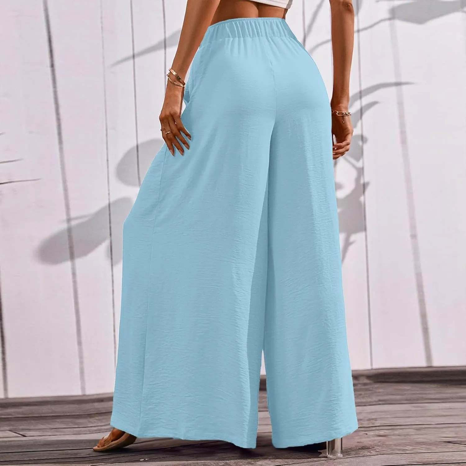 Beach Pants for Women Wide Leg Elastic Waisted Chiffon Baggy Flowy Long Lounge Trousers Vacation Pant with Pockets