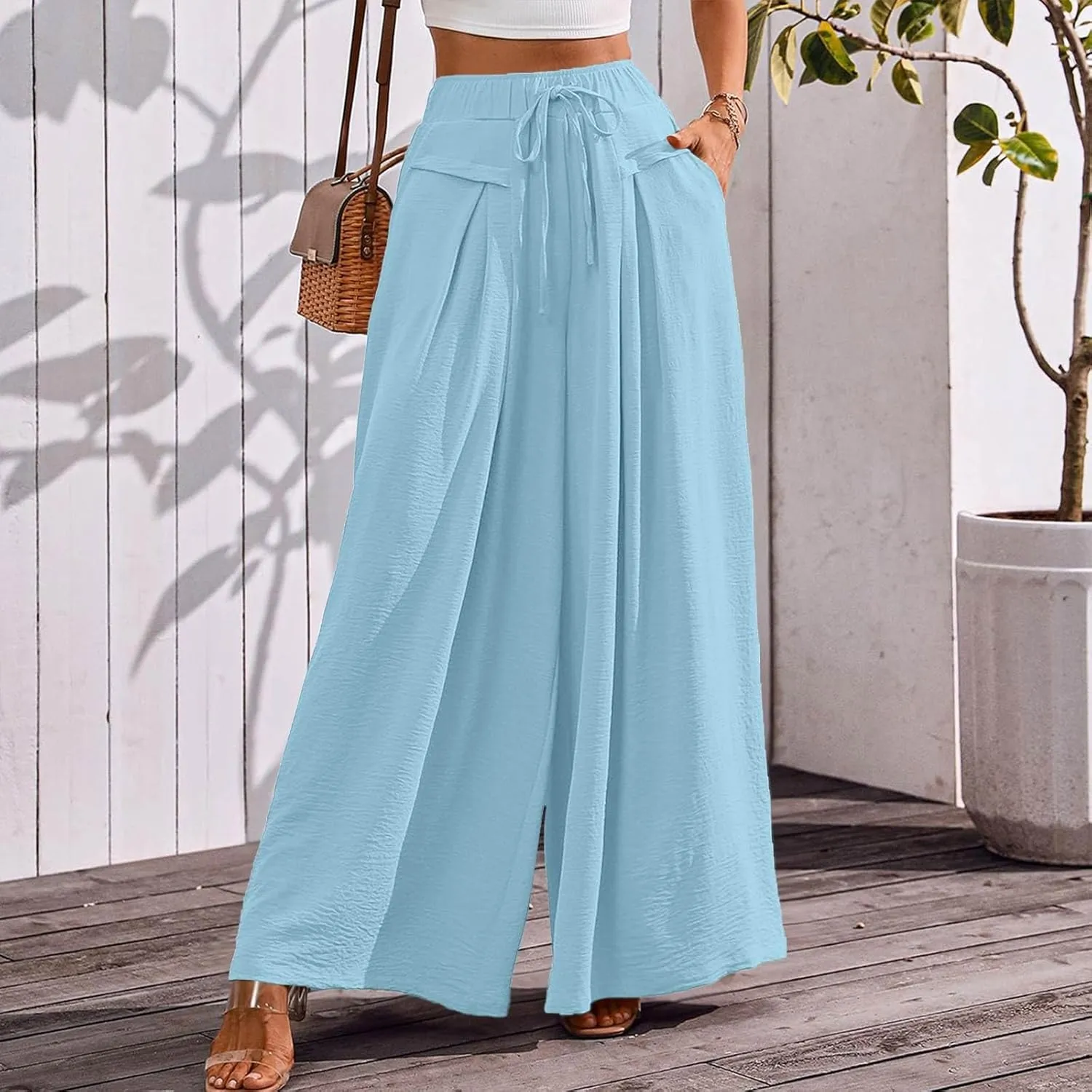 Beach Pants for Women Wide Leg Elastic Waisted Chiffon Baggy Flowy Long Lounge Trousers Vacation Pant with Pockets