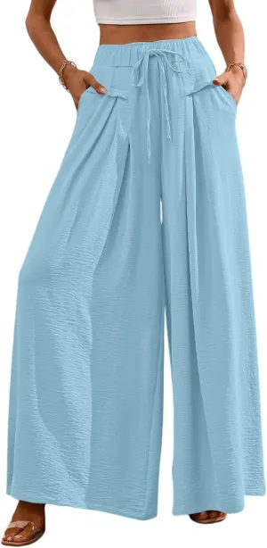 Beach Pants for Women Wide Leg Elastic Waisted Chiffon Baggy Flowy Long Lounge Trousers Vacation Pant with Pockets