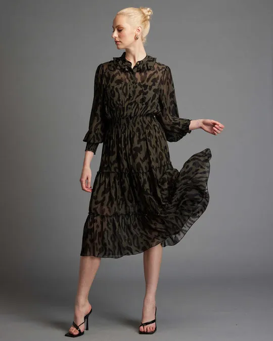 Dreaming Frill Neck Tiered Dress - Khaki Animal
