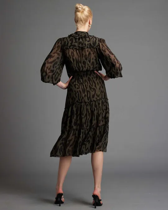 Dreaming Frill Neck Tiered Dress - Khaki Animal