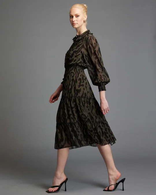Dreaming Frill Neck Tiered Dress - Khaki Animal