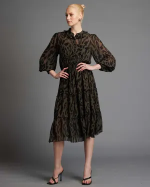 Dreaming Frill Neck Tiered Dress - Khaki Animal
