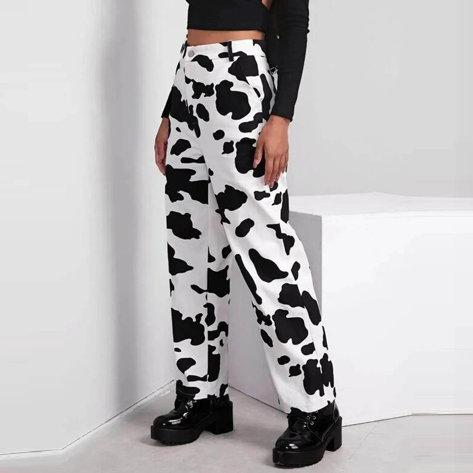 High Waist White Cow Print Wide Leg Jeans