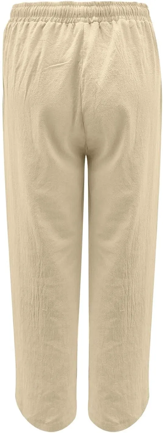 High Waisted Linen Pants Women Summer Drawstring Waist Wide Leg Loose Palazzo Pants Casual Beach Trousers with Pocket