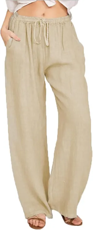 High Waisted Linen Pants Women Summer Drawstring Waist Wide Leg Loose Palazzo Pants Casual Beach Trousers with Pocket