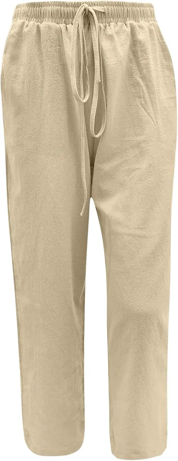 High Waisted Linen Pants Women Summer Drawstring Waist Wide Leg Loose Palazzo Pants Casual Beach Trousers with Pocket