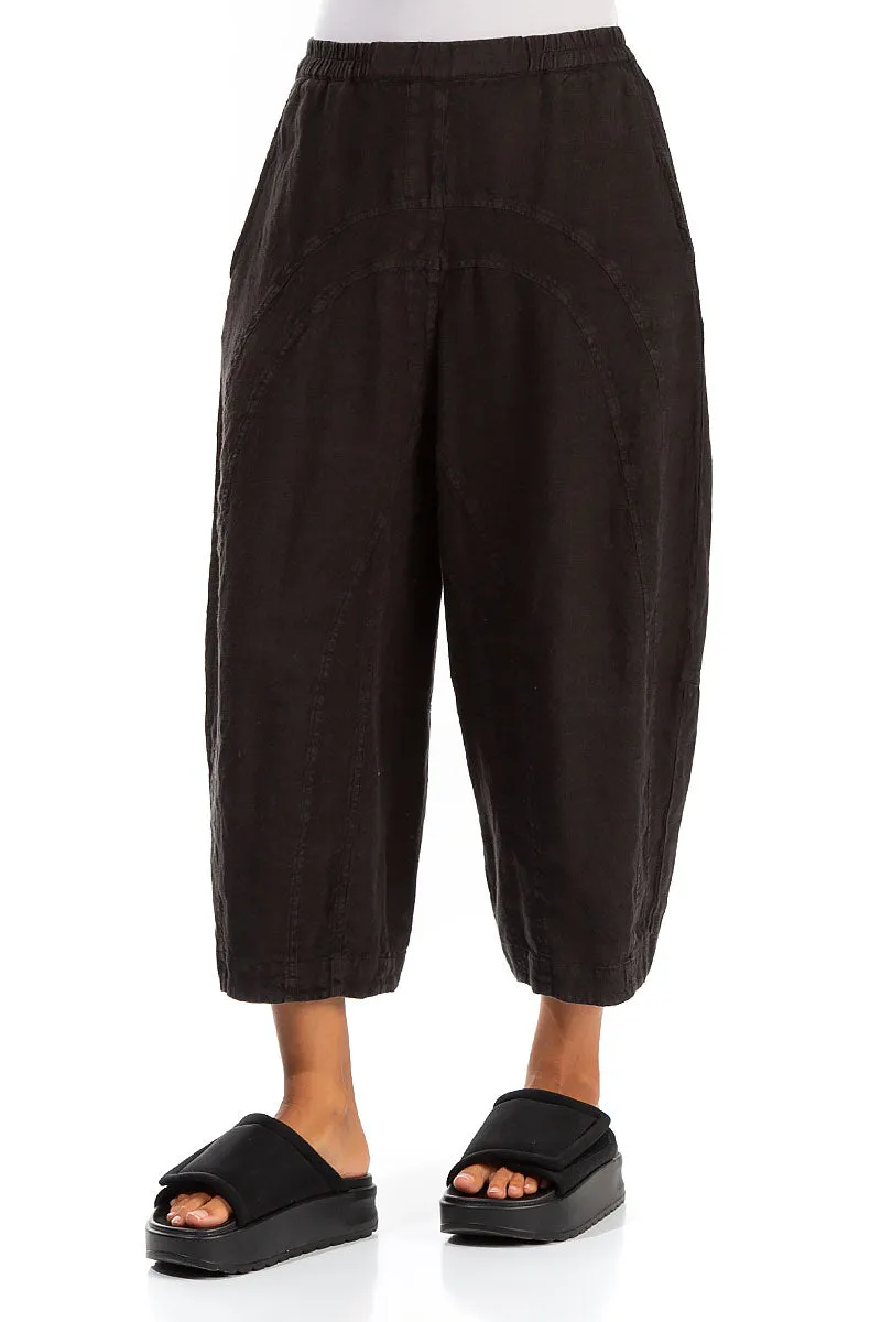 Loose Back Pockets Black Linen Trousers