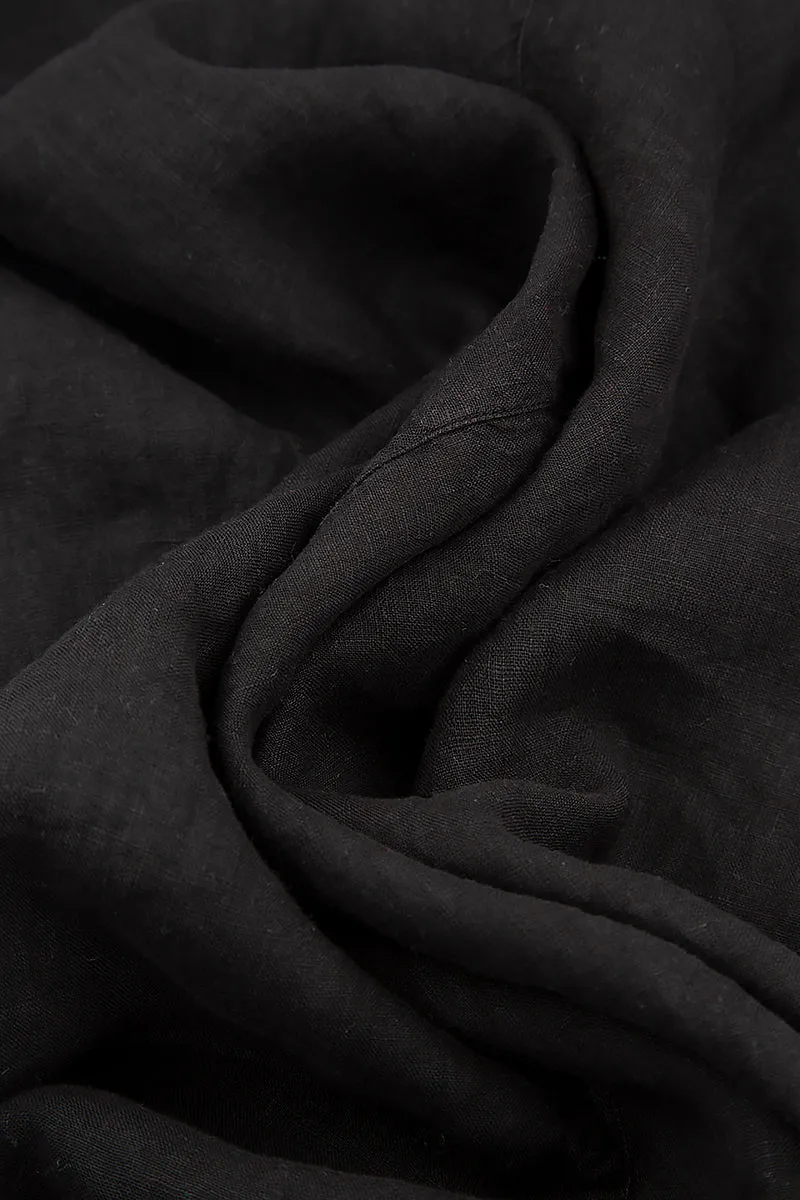 Loose Back Pockets Black Linen Trousers