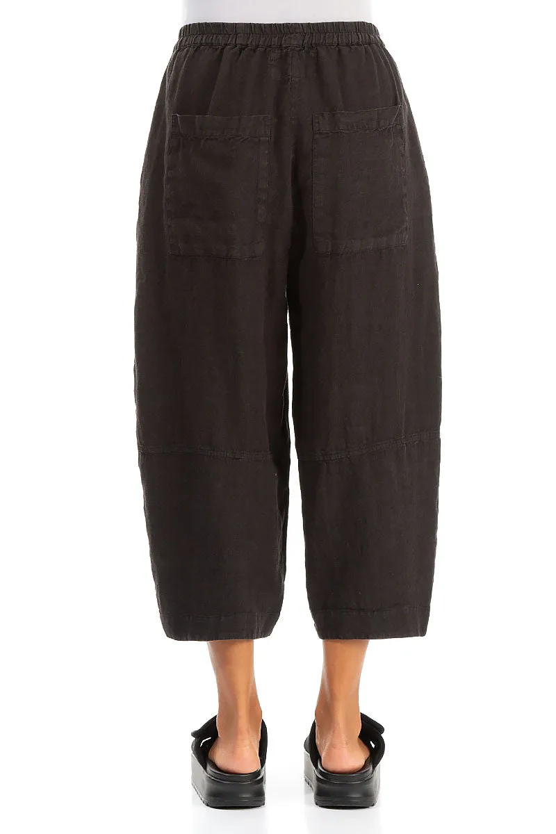 Loose Back Pockets Black Linen Trousers