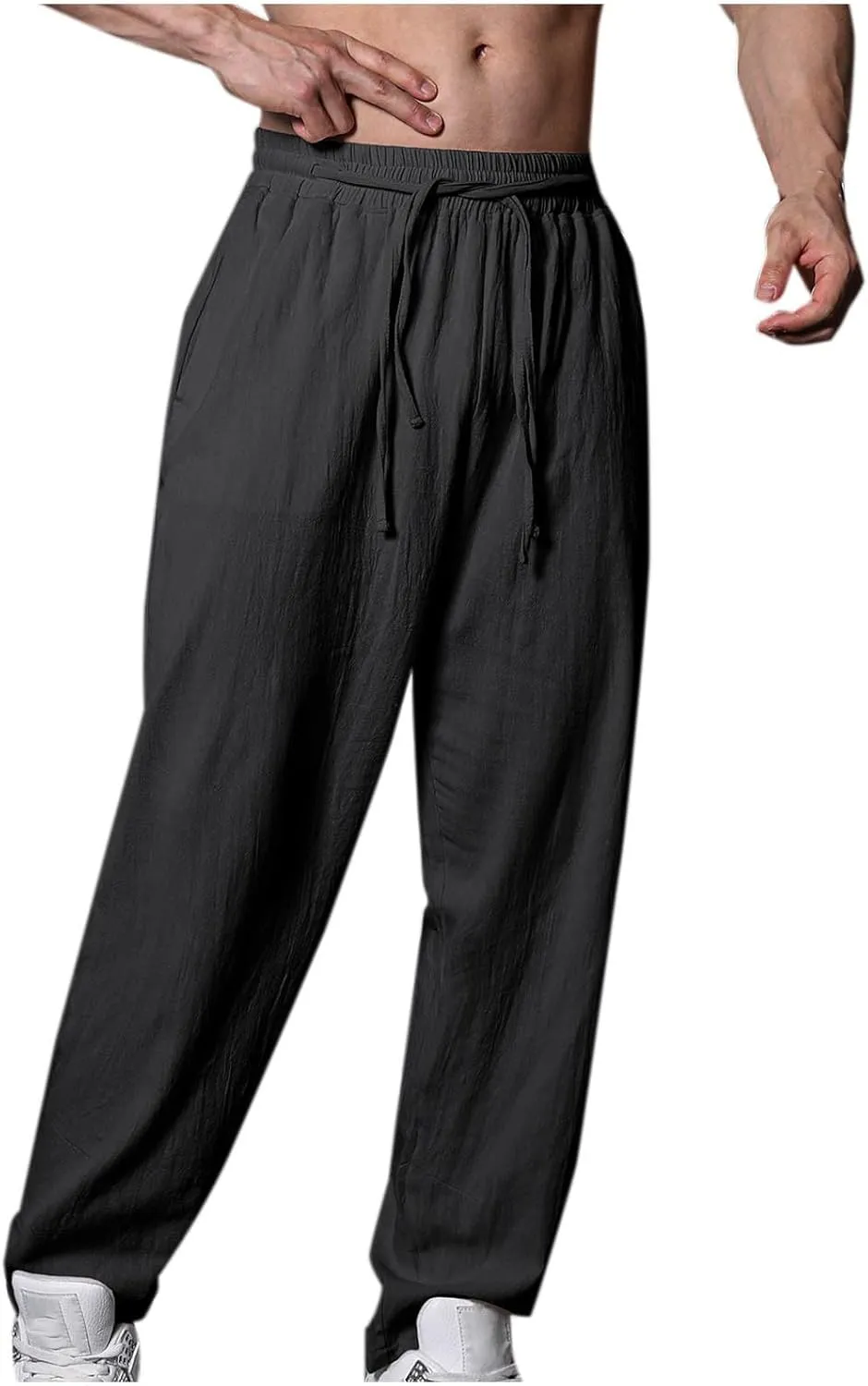 Men's Linen Pants Casual Loose Fit Workout Yoga Pants Drawstring Lightweight Baggy Beach Summer Trousers with Pockets