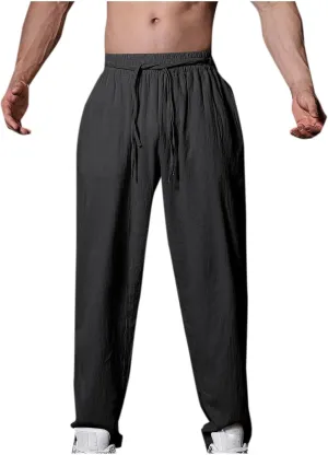 Men's Linen Pants Casual Loose Fit Workout Yoga Pants Drawstring Lightweight Baggy Beach Summer Trousers with Pockets