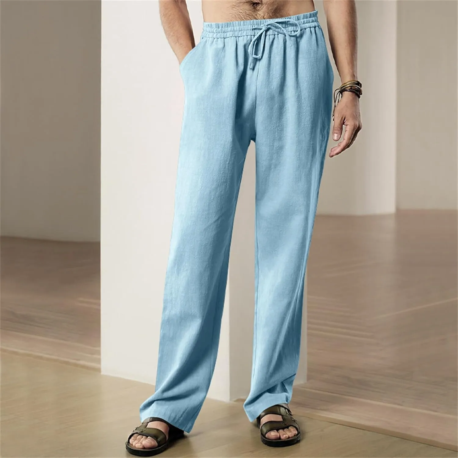 Men's Linen Pants Drawstring Elastic Waist for Yoga Beach Casual Wear Lightweight Loose Fit for Warm Weather