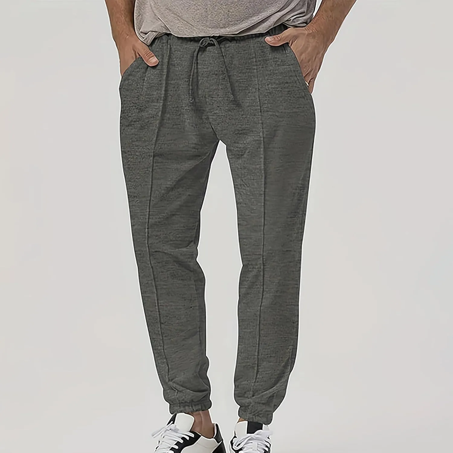 Mens Tracksuit Bottoms Elastic Waist Drawstring Sweatpants Solid Color Trousers Slim Fit Thickened Leggings with Pocket