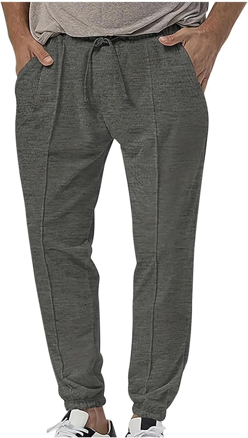 Mens Tracksuit Bottoms Elastic Waist Drawstring Sweatpants Solid Color Trousers Slim Fit Thickened Leggings with Pocket