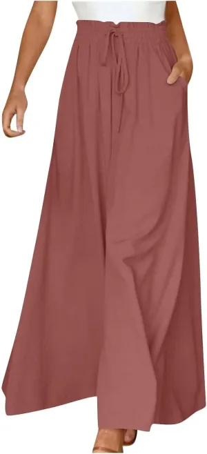 Summer Pants for Women Wide Leg Elastic Waisted Chiffon Baggy Flowy Long Lounge Trousers Vacation Pant with Pockets