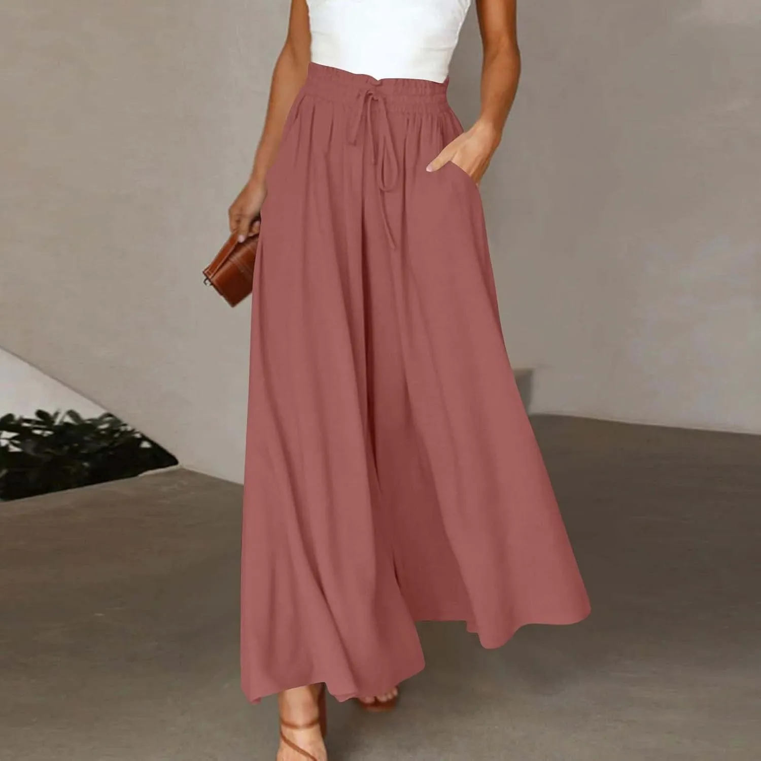 Summer Pants for Women Wide Leg Elastic Waisted Chiffon Baggy Flowy Long Lounge Trousers Vacation Pant with Pockets