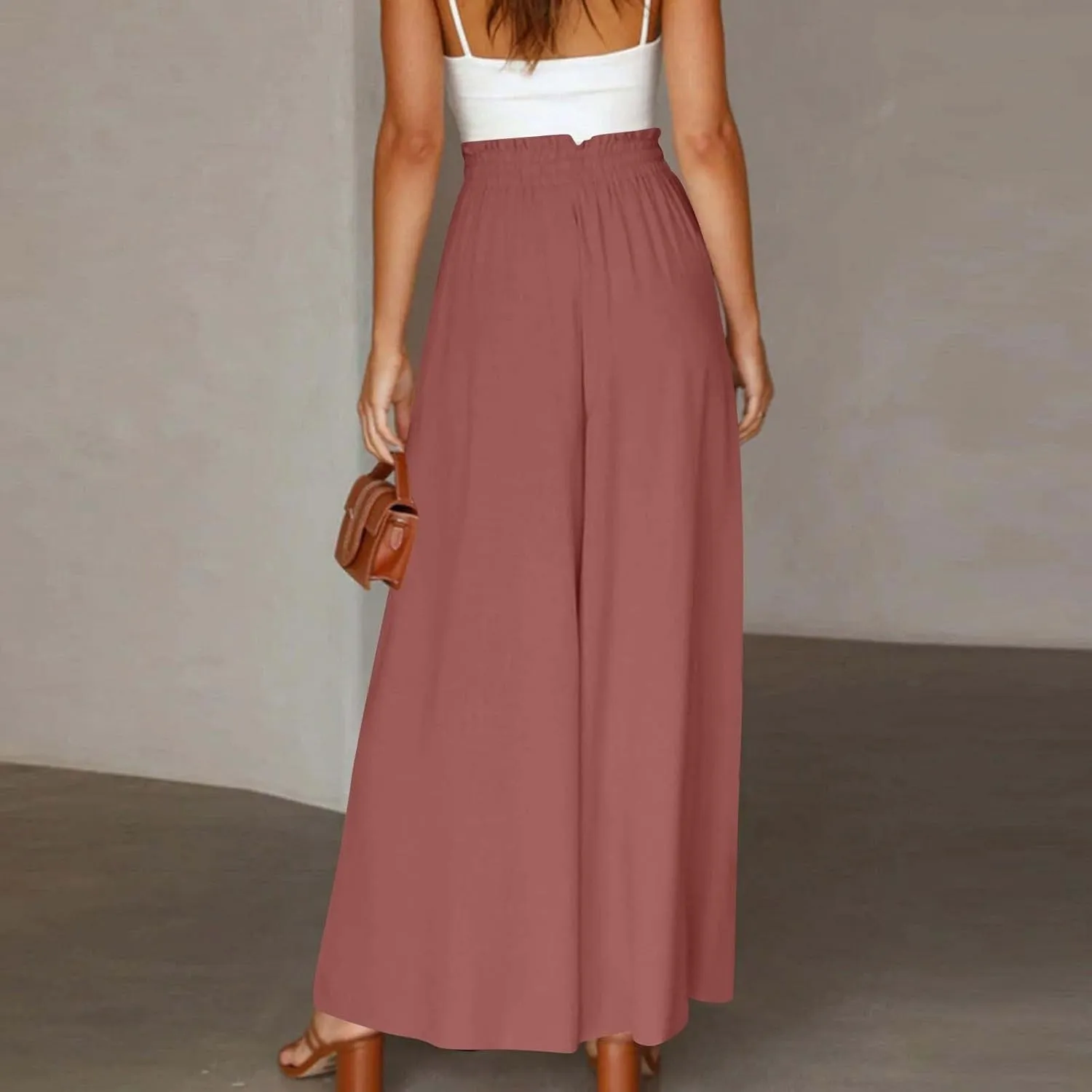 Summer Pants for Women Wide Leg Elastic Waisted Chiffon Baggy Flowy Long Lounge Trousers Vacation Pant with Pockets