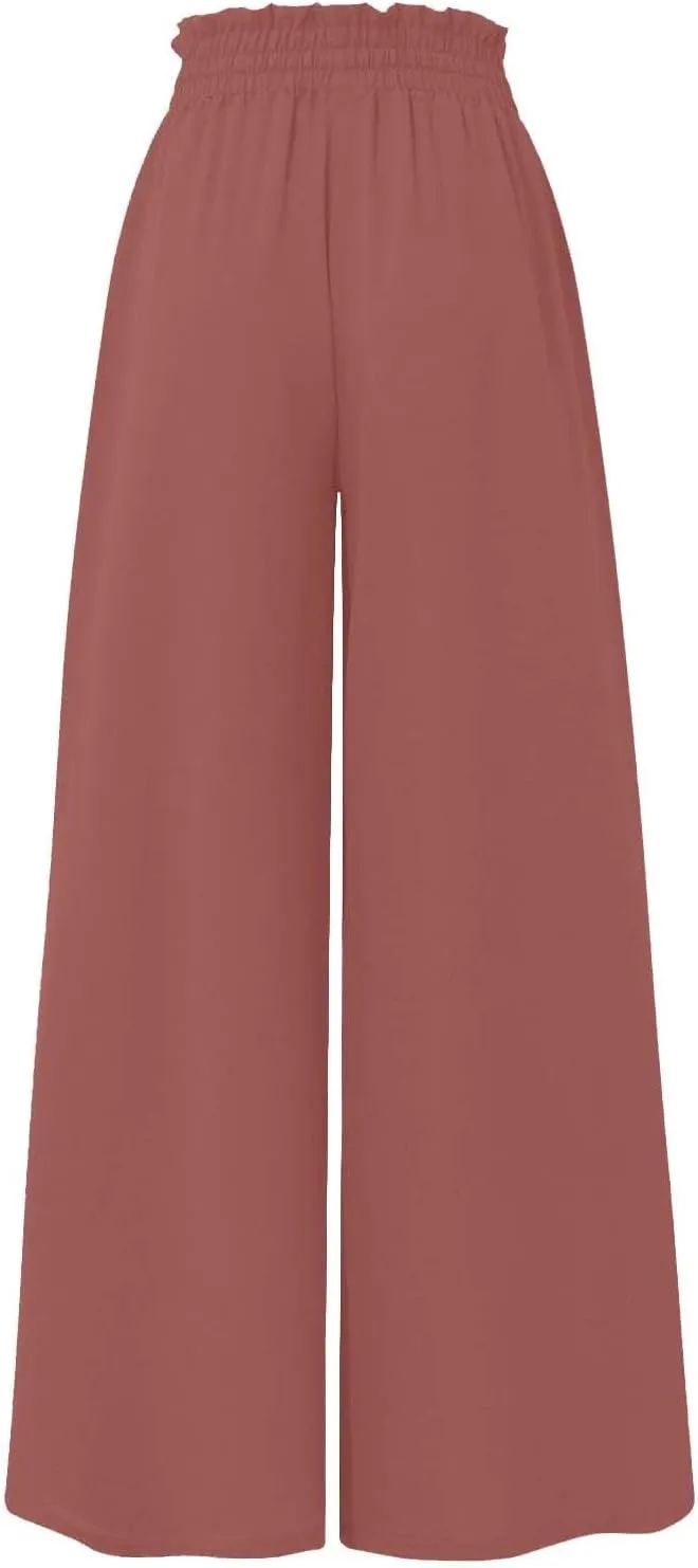 Summer Pants for Women Wide Leg Elastic Waisted Chiffon Baggy Flowy Long Lounge Trousers Vacation Pant with Pockets