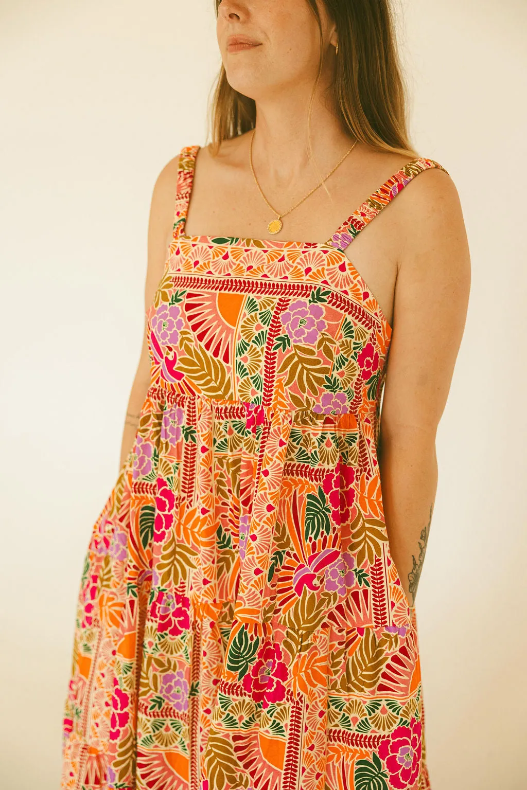 Toucan Scarf Tier Maxi Dress