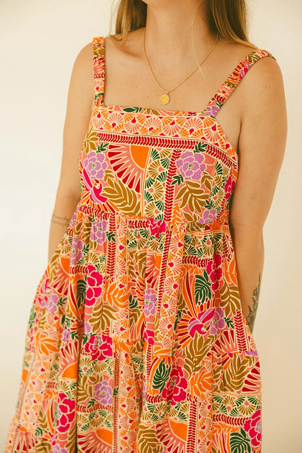 Toucan Scarf Tier Maxi Dress