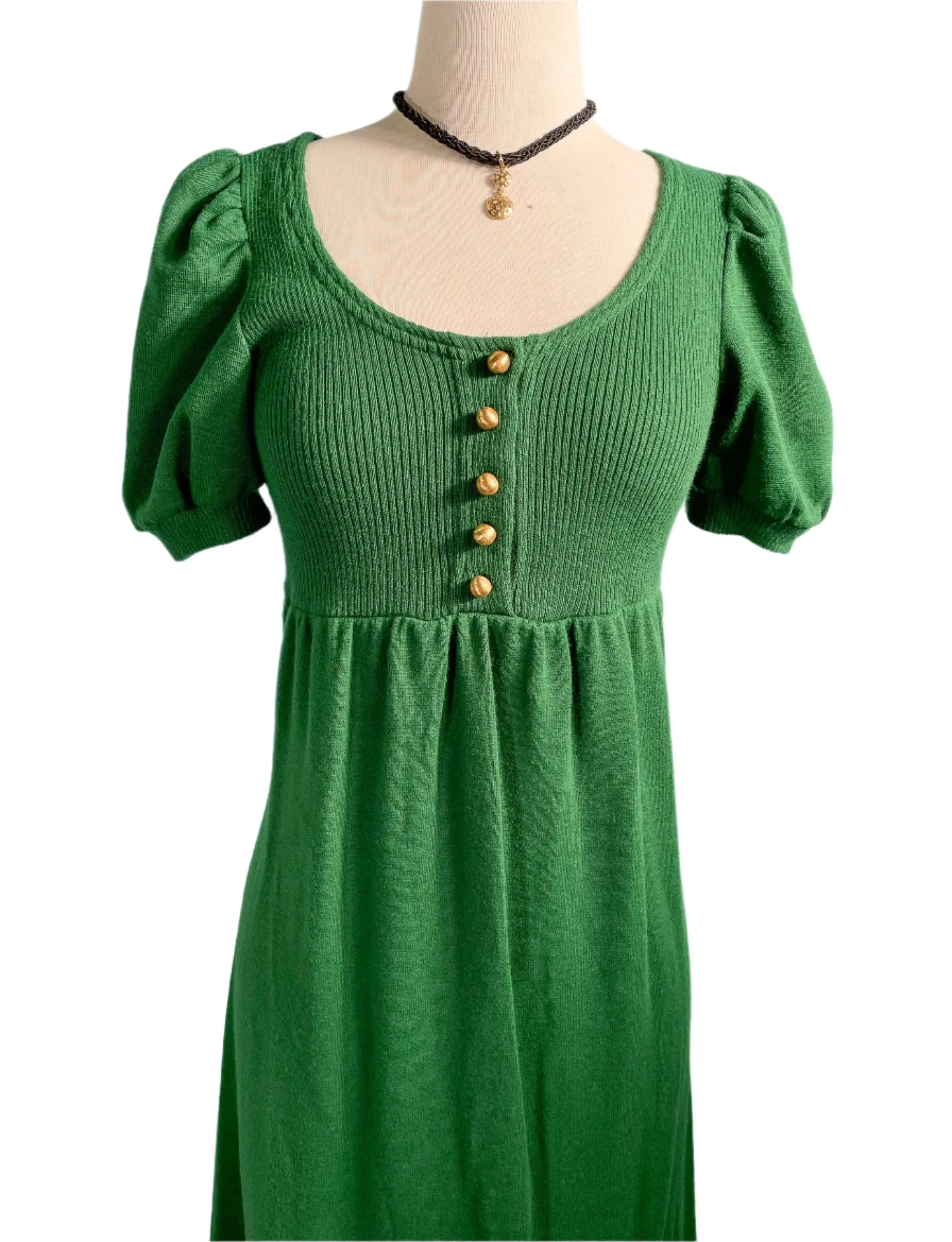 Vintage 60s Kelly Green Knit Maxi Dress, Puff Sleeve Mod Dress XS/S