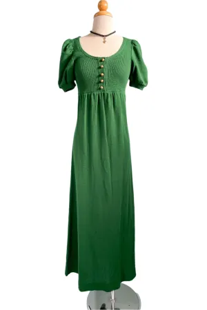 Vintage 60s Kelly Green Knit Maxi Dress, Puff Sleeve Mod Dress XS/S