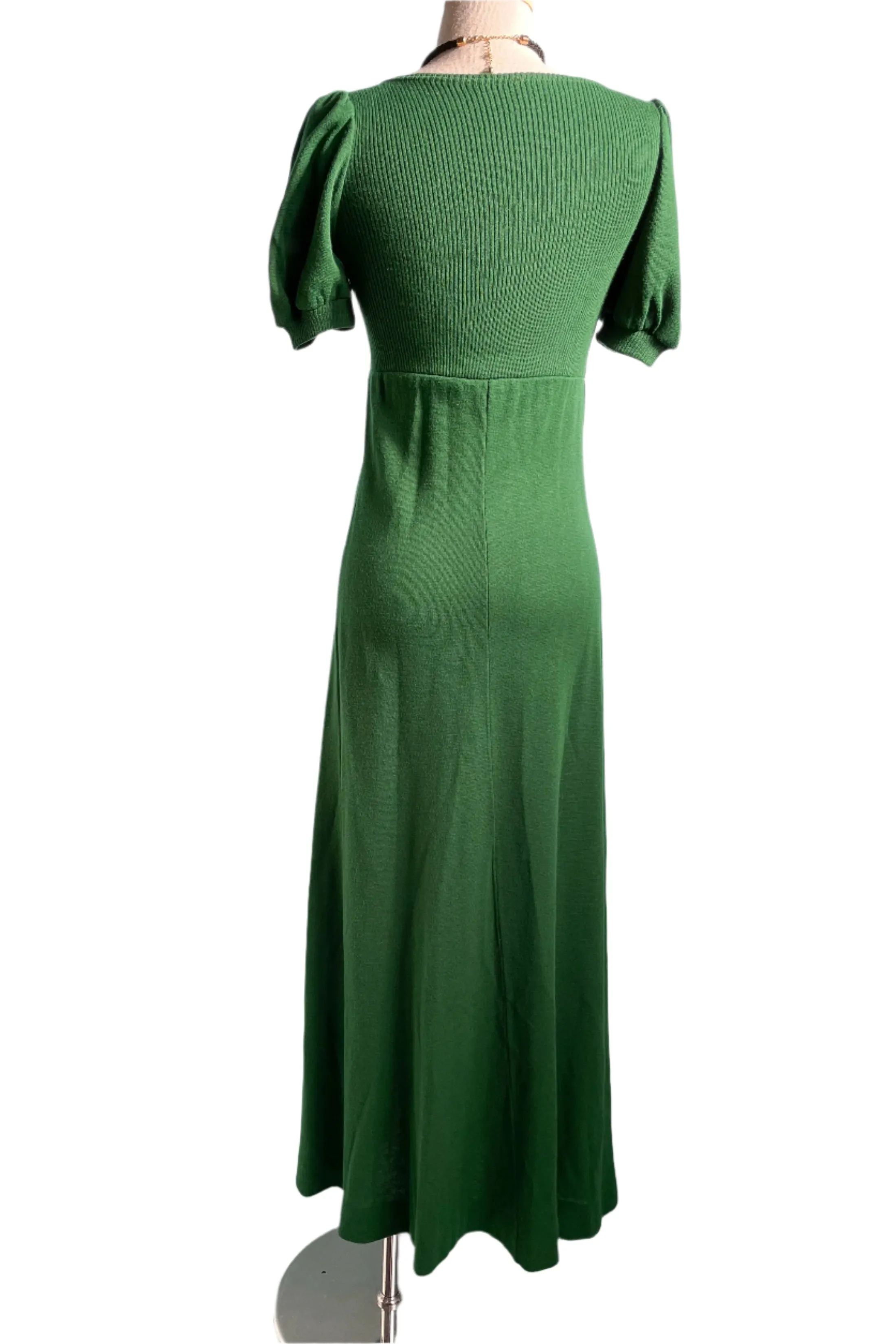 Vintage 60s Kelly Green Knit Maxi Dress, Puff Sleeve Mod Dress XS/S