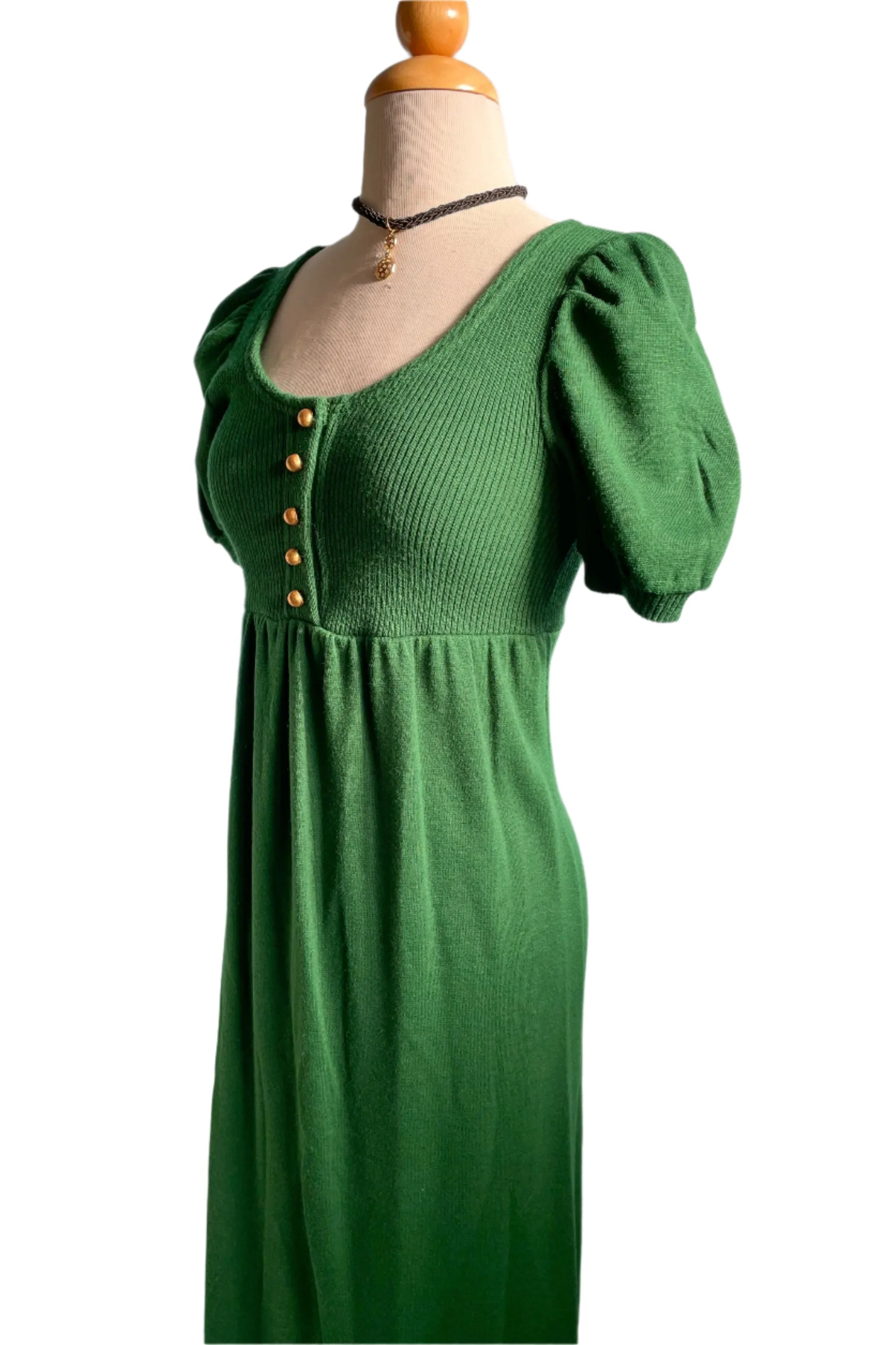 Vintage 60s Kelly Green Knit Maxi Dress, Puff Sleeve Mod Dress XS/S