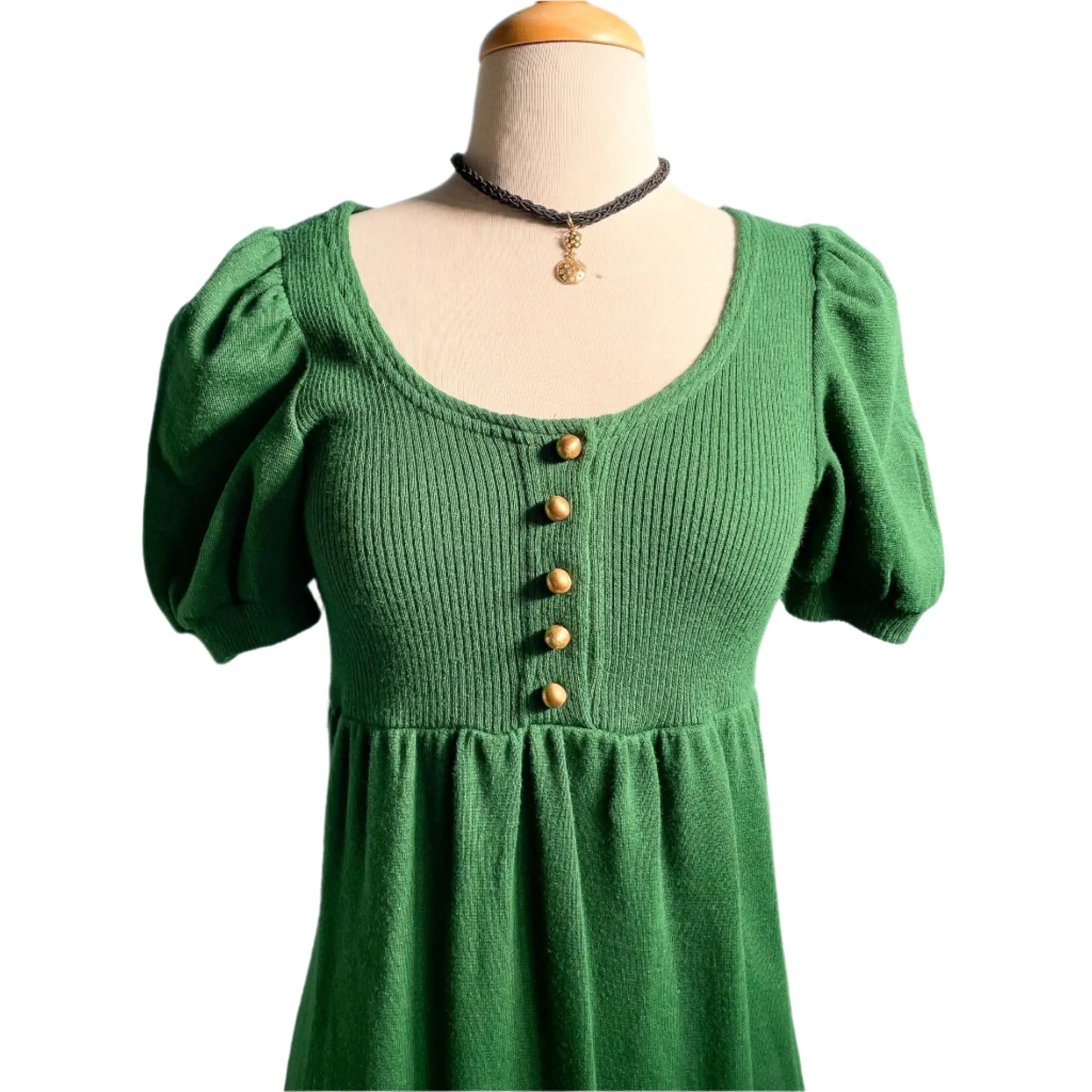 Vintage 60s Kelly Green Knit Maxi Dress, Puff Sleeve Mod Dress XS/S