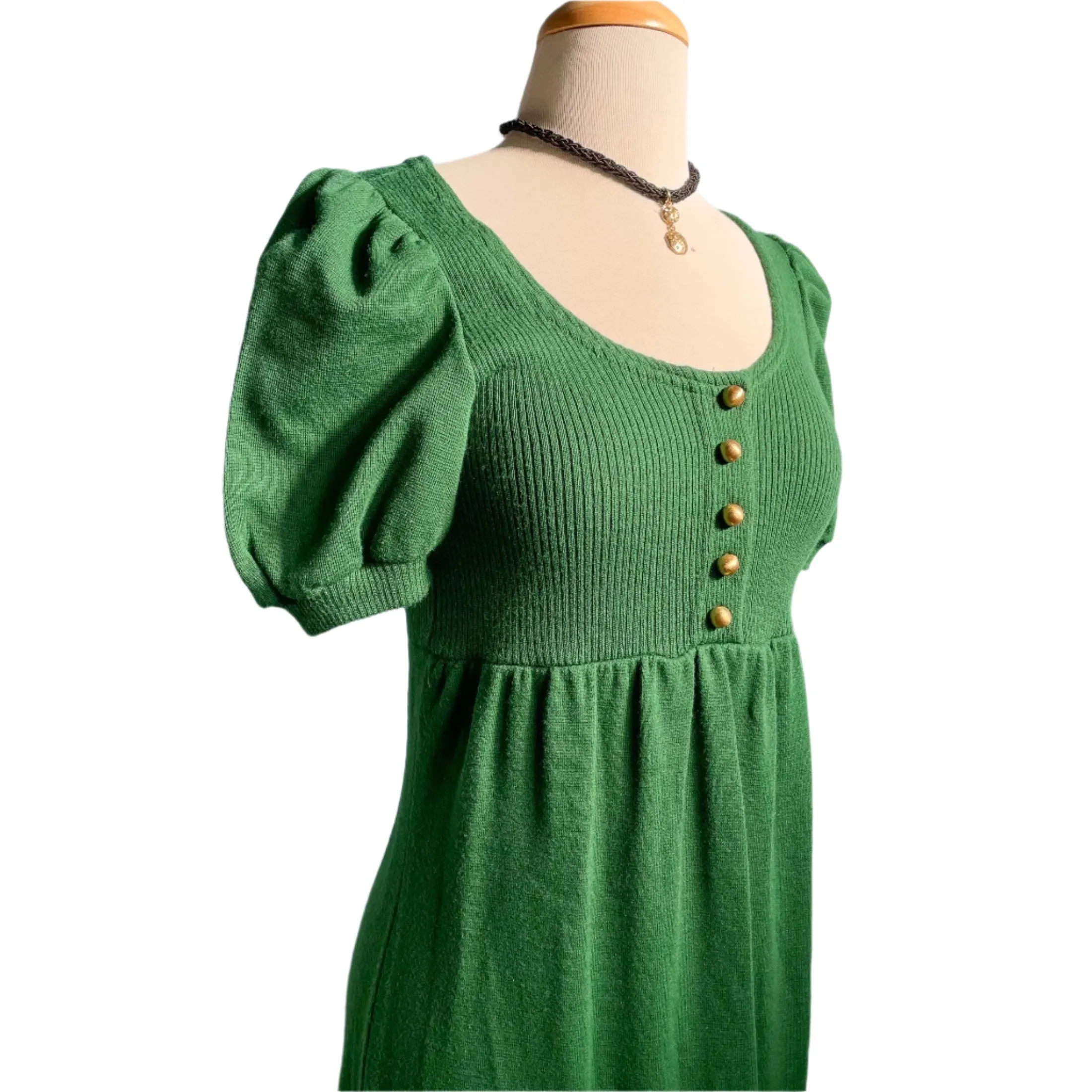 Vintage 60s Kelly Green Knit Maxi Dress, Puff Sleeve Mod Dress XS/S