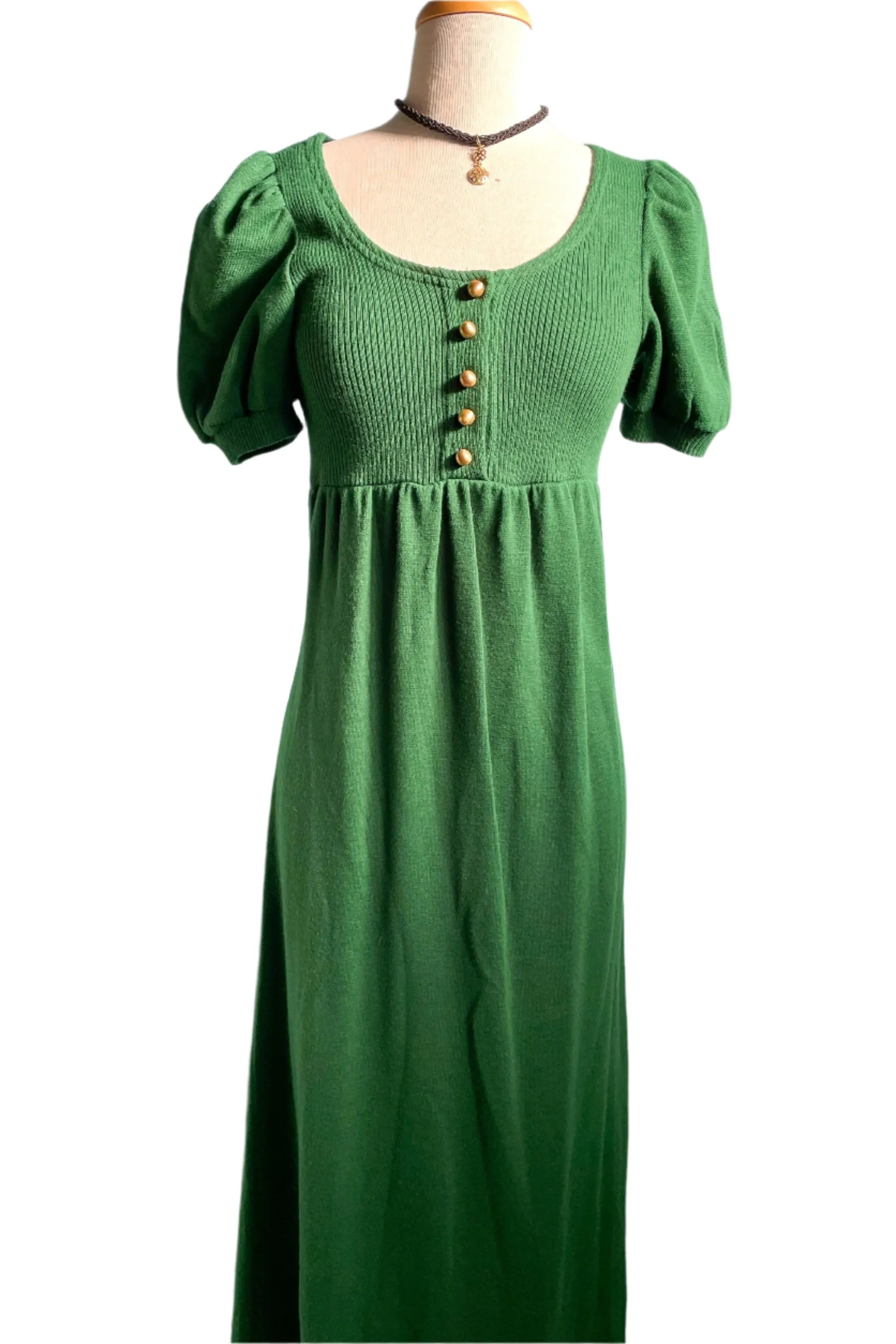 Vintage 60s Kelly Green Knit Maxi Dress, Puff Sleeve Mod Dress XS/S