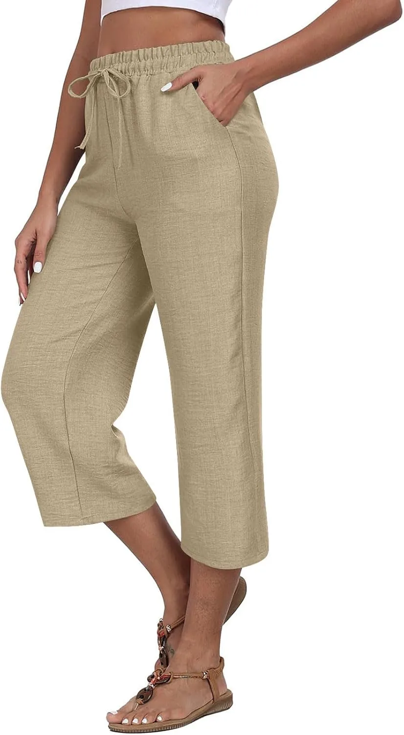 Womens Cotton Linen Capri Trousers Elasticated Waist Cropped Pants 3/4 Trouser Summer Drawstring Sweatpants