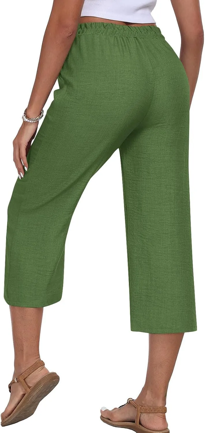 Womens Cotton Linen Capri Trousers Elasticated Waist Cropped Pants 3/4 Trouser Summer Drawstring Sweatpants
