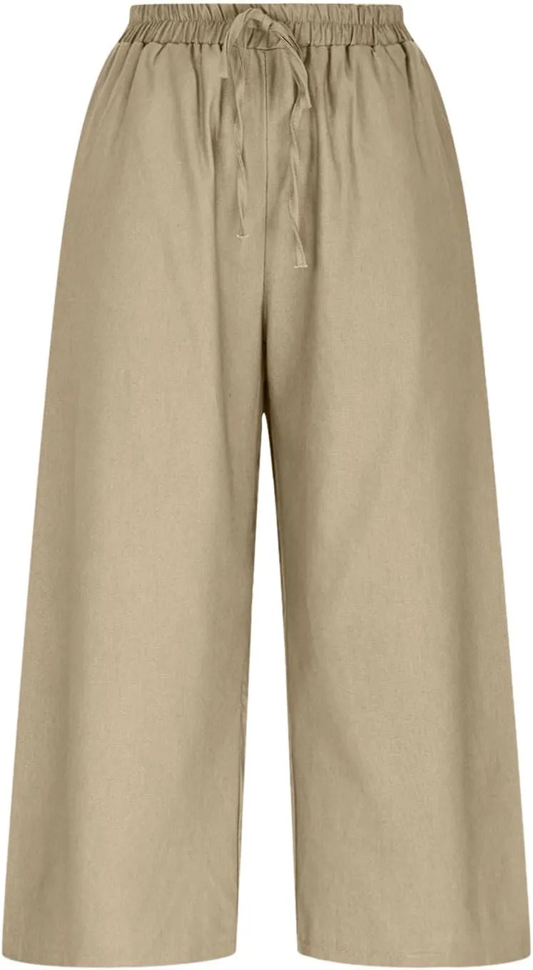 Womens Cotton Linen Capri Trousers Elasticated Waist Cropped Pants 3/4 Trouser Summer Drawstring Sweatpants