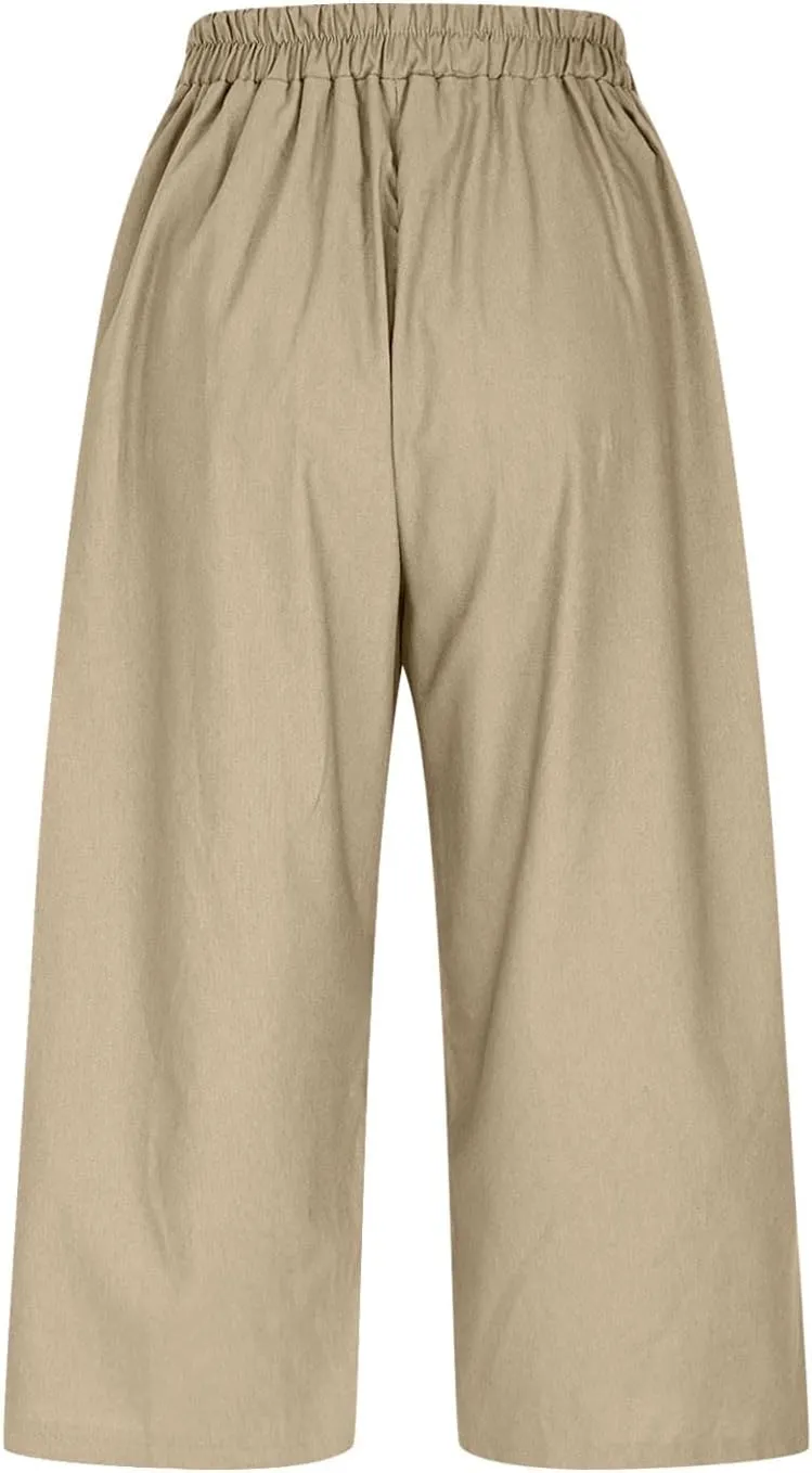 Womens Cotton Linen Capri Trousers Elasticated Waist Cropped Pants 3/4 Trouser Summer Drawstring Sweatpants