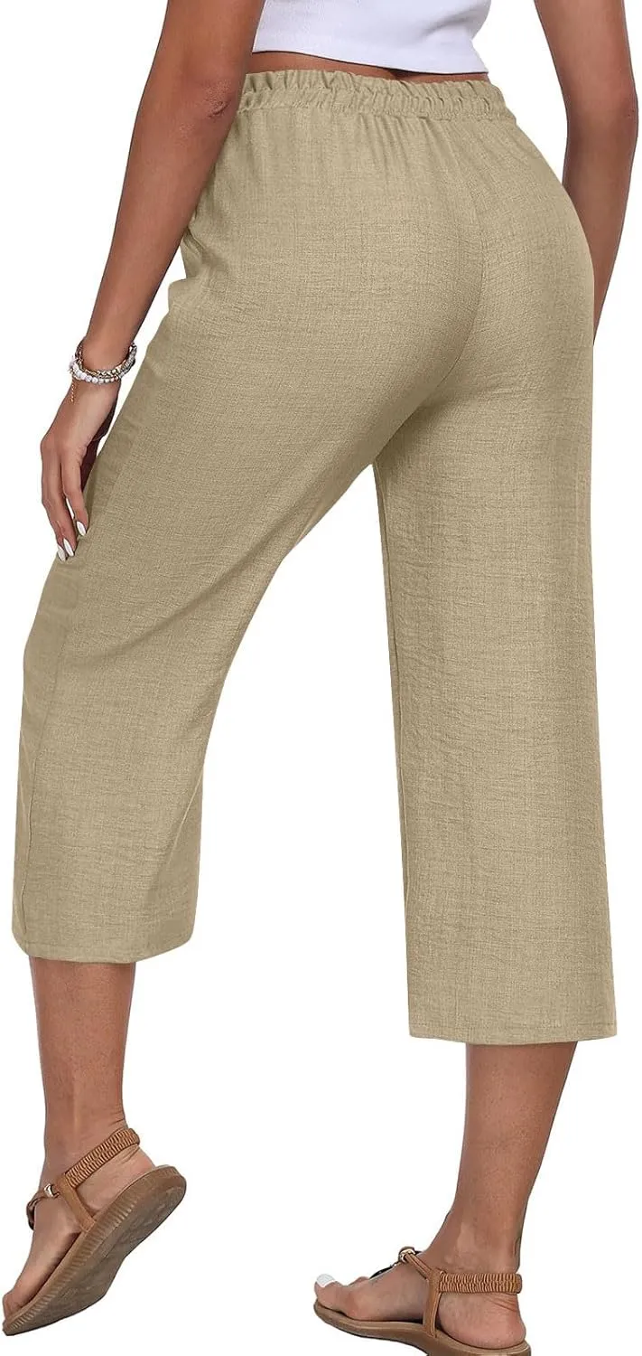 Womens Cotton Linen Capri Trousers Elasticated Waist Cropped Pants 3/4 Trouser Summer Drawstring Sweatpants