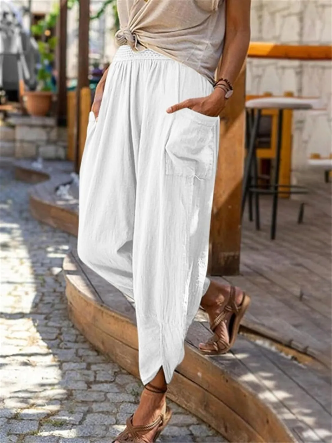 Womens Linen Pants with Pockets Straight Leg Elastic Waist Casual Pants Summer Loose Capris Beach Vacation Trousers