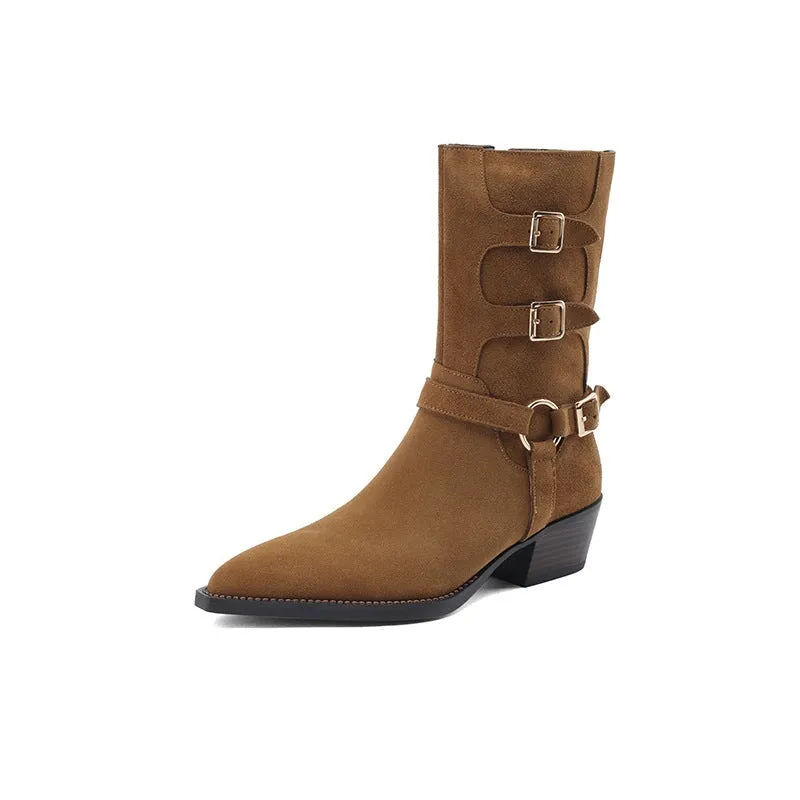 Womens Suede Leather Mid Calf Boots 45mm Block Heel with Buckle Details In Black/Brown