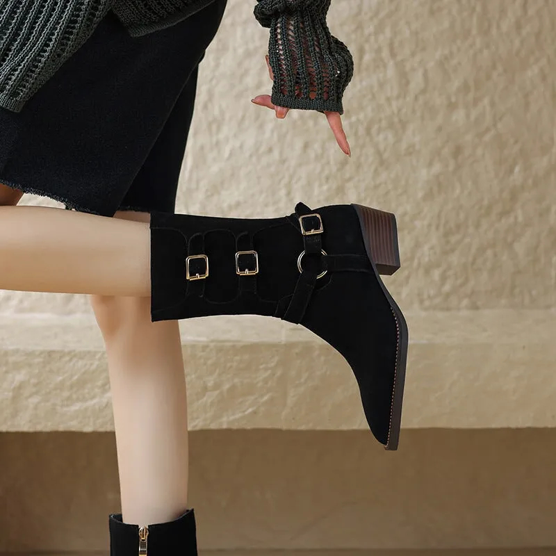 Womens Suede Leather Mid Calf Boots 45mm Block Heel with Buckle Details In Black/Brown