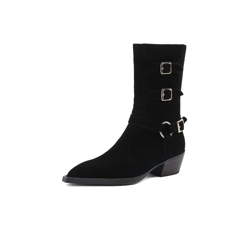 Womens Suede Leather Mid Calf Boots 45mm Block Heel with Buckle Details In Black/Brown