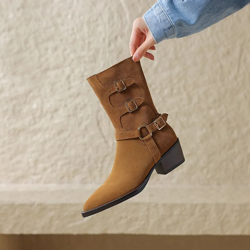 Womens Suede Leather Mid Calf Boots 45mm Block Heel with Buckle Details In Black/Brown
