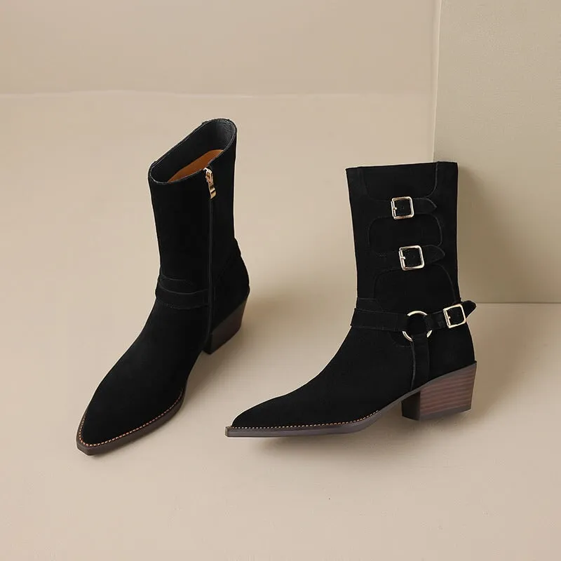 Womens Suede Leather Mid Calf Boots 45mm Block Heel with Buckle Details In Black/Brown