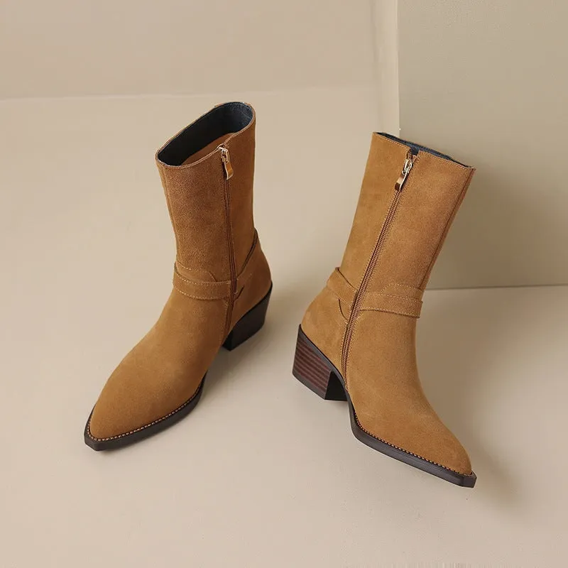 Womens Suede Leather Mid Calf Boots 45mm Block Heel with Buckle Details In Black/Brown